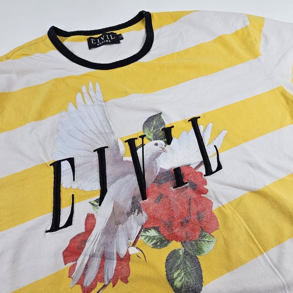Civil Regime Mens XL Graphic T Shirt Yellow Stripe Dove Rose Streetwear